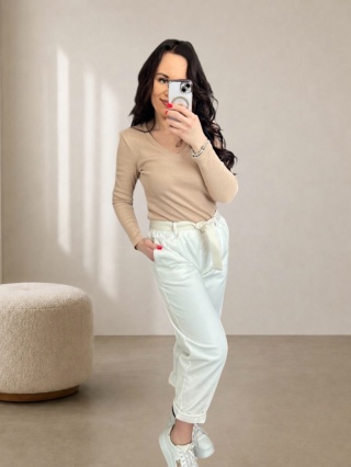 Bawełniana bluzka prążkowana Nori V- neck beżowa