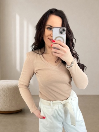 Bawełniana bluzka prążkowana Nori V- neck beżowa