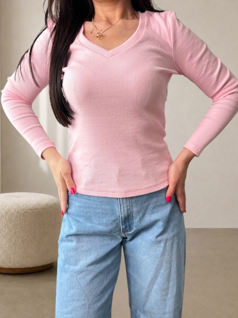 Bluzka prążkowana Nori V- neck pudrowy róż